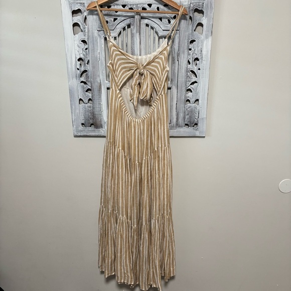 Elan Tan White Sassy Stripe Linen Blend Spaghetti Strap Back Tie Maxi Dress NWT - Picture 6 of 14
